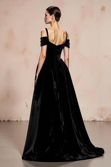 Black A-Line Cold Shoulder Velvet Long Formal Dress
